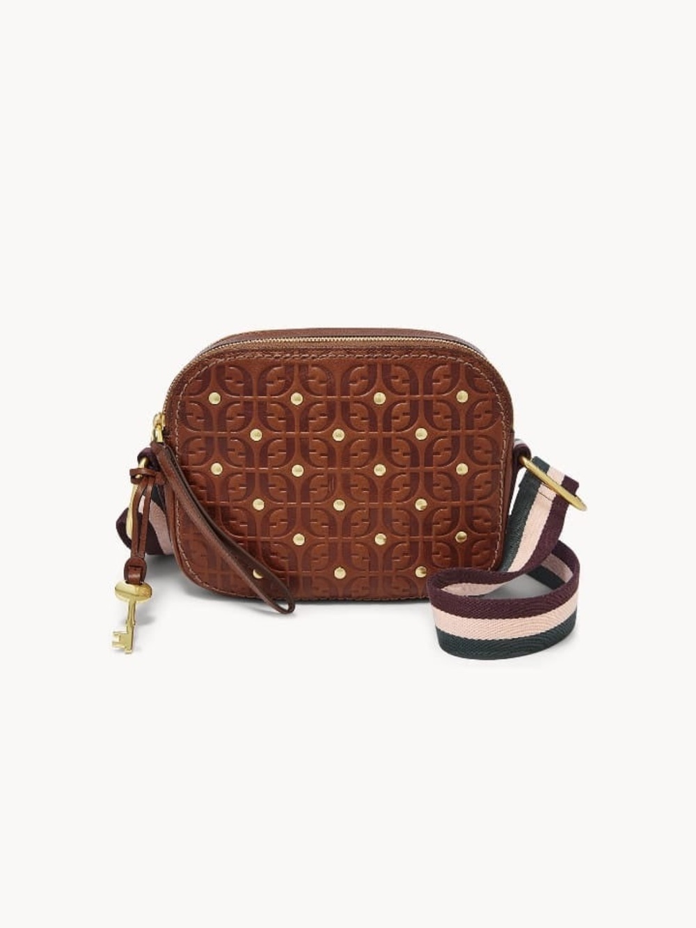 Fossil Brown Embossed Leather Crossbody with Striped Adjustable Strap